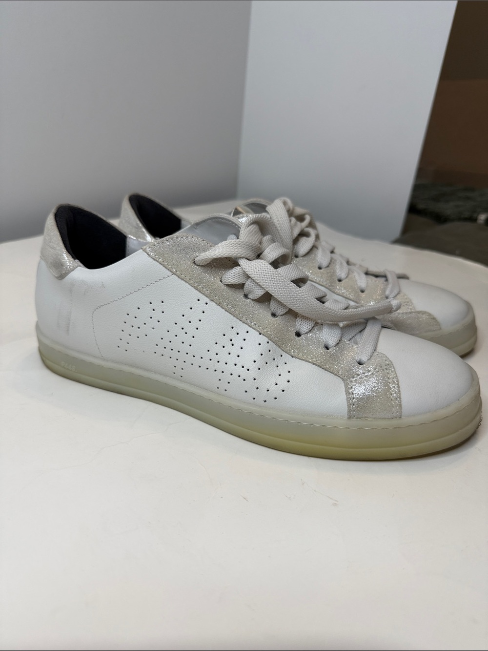 P448 women’s White Leather Lace-Up Sneakers with Metallic Accents